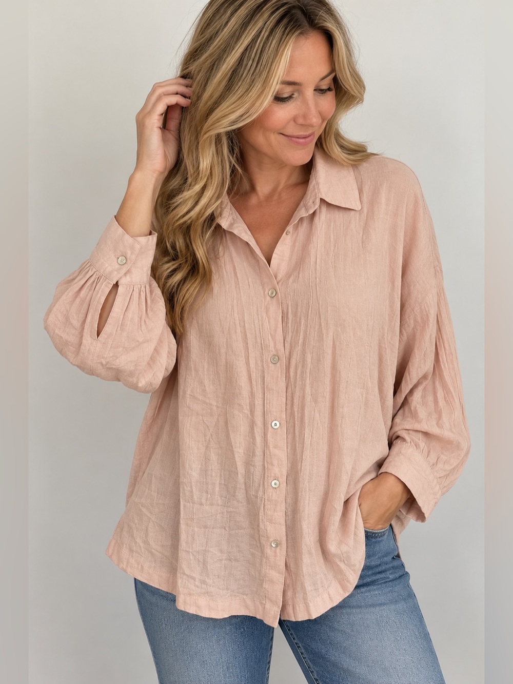 ZARA XS Blush Beige Oversized Button-Up Blouse